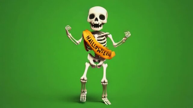 Funny skeleton wears a &ldquo;Halloween&rdquo; sash and dances in place, waving arms, isolated on green screen.