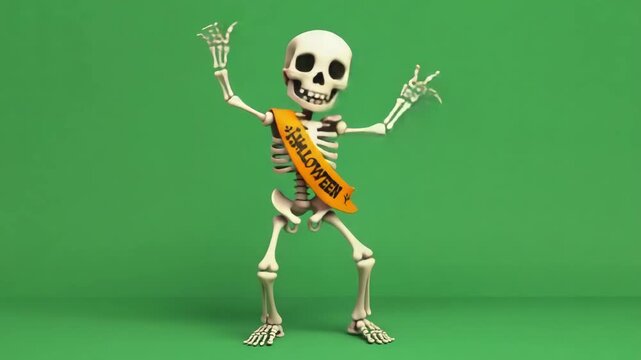Funny skeleton wears a &ldquo;Halloween&rdquo; sash and dances in place, waving arms, isolated on green screen.