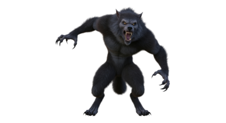 A menacing werewolf stands aggressively, displaying sharp claws and bared fangs, ready to attack.