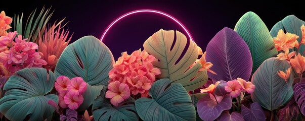 Fototapeta premium Tropical foliage and neon light creating a vibrant and colorful scene