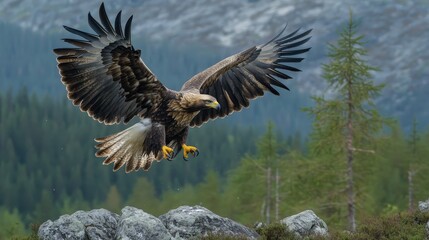 Obraz premium Golden eagle in flight with outstretched wings over natural landscape