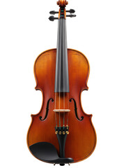 Fototapeta premium A classic, meticulously crafted wooden violin with rich brown and reddish tones, highly polished and reflective, displayed against a pristine, plain transparent background with no shadows, concept