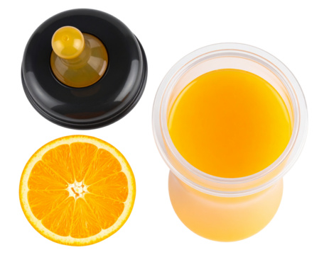  Top View of Open Transparent Sippy Cup Half-Filled with Orange Juice, lid off, isolated transparent background png