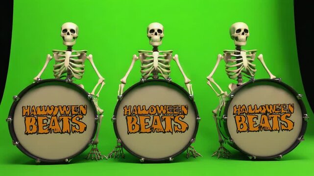 Three skeletons play drums labeled &ldquo;Halloween Beats,&rdquo; bones rattle in rhythm, isolated on green screen.