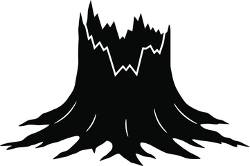 Black Silhouette of a Tree Stump with Roots on a White Background Minimalist Design
