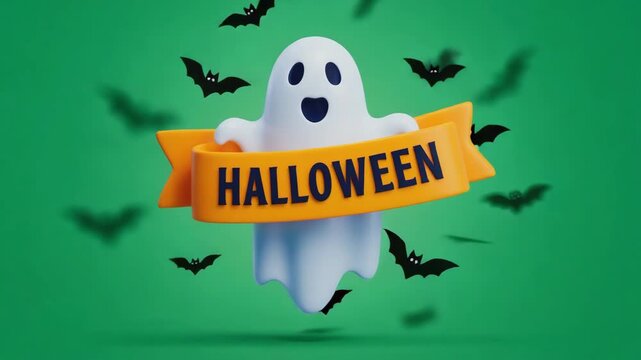 Cartoon ghost unrolls a big &ldquo;Halloween&rdquo; banner, bats and candy swirl around, isolated on green screen.