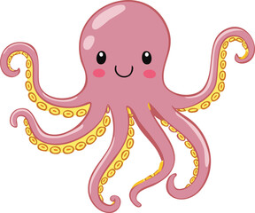 Cartoon illustration of a cute, pink octopus with yellow suckers and a happy expression.