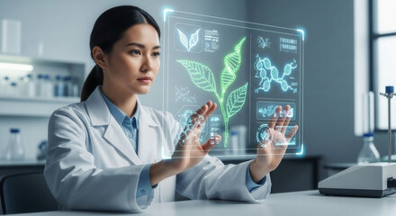 Female Scientist Studying Plant Genetics On Holographic Interface In Modern Laboratory
