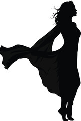 Elegant Woman Silhouette with Flowing Dress on White Background for Design Elements and Compositing