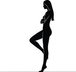 Elegant Woman Silhouette Standing with Arms Crossed and Leg Up in a Minimalist Style
