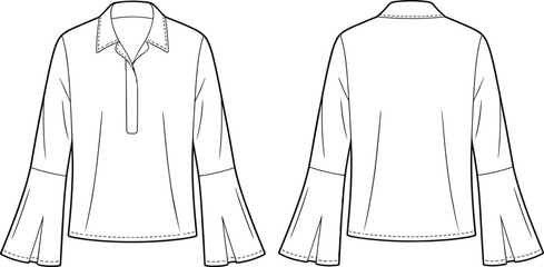 Women’s long sleeve blouse with flared cuffs and collar, front and back flat sketch, fashion technical cad vector illustration