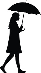 Silhouette of a woman walking with an umbrella isolated on white background vector illustration for design use