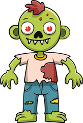 Obraz premium Cartoon illustration of a green zombie character with tattered clothes and red eyes.