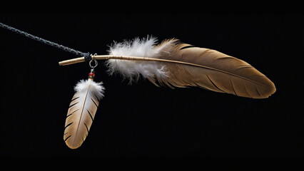 Two feathers are suspended from a beaded string against a black backdrop, showcasing native americaninspired craftsmanship and spiritual symbolism