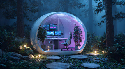 Illuminated Sphere Office Pod in a Mystical Forest at Night