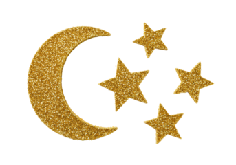Stylized crescent moon and three stars crafted from shimmering golden glitter and powder, isolated on a transparent studio background with copy space, top-down view, luxurious celestial concept