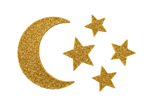 Stylized crescent moon and three stars crafted from shimmering golden glitter and powder, isolated on a transparent studio background with copy space, top-down view, luxurious celestial concept
