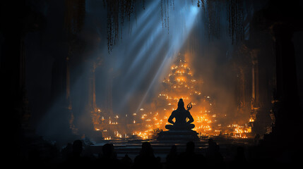 Silhouette of God Shiva Meditation with Candles in Dark Temple