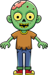 Cartoon zombie character with green skin, yellow eyes, and torn clothes standing upright.