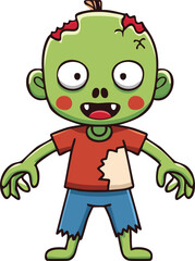 A cheerful cartoon zombie baby with tattered clothes and exposed flesh, stands with a friendly expression.