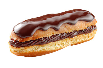 A classic chocolate eclair with a smooth chocolate filling and glossy chocolate icing on transparent background