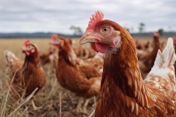 Rustic Scene of Chickens Roaming in an Open Field Amidst the Countryside