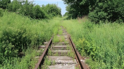 Overgrown old railway tracks in lush green nature on a sunny day