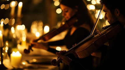 Two musicians playing violins in a dimly lit room.