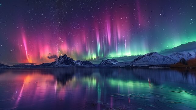 Aurora Borealis over a lake reflects in the water with snow-capped mountains in the distance under starry sky