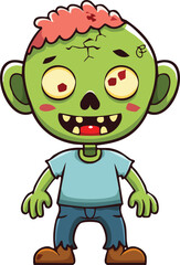 A cheerful cartoon zombie child stands smiling, showcasing a playful undead character design.