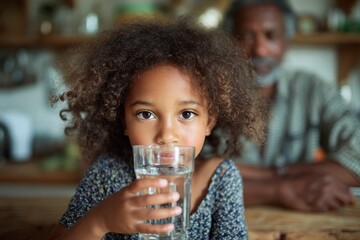 Joyful African American Girl Enjoying a Glass of Water with Family in the Kitchen
