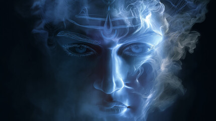 Mystical God Shiva Face Spiritual Hindu Deity in Blue Divine Light