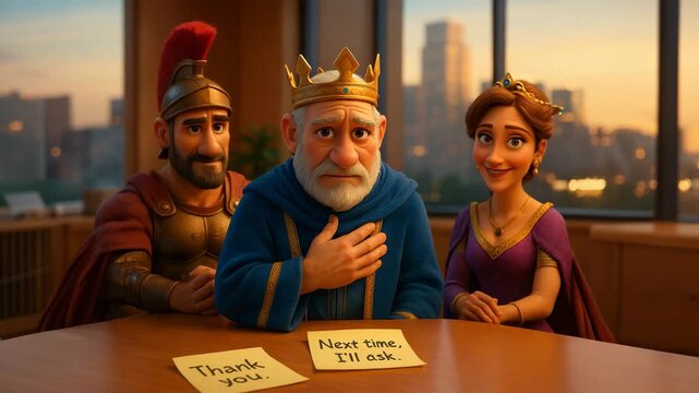A wise king in royal attire making an important declaration with his advisors by his side in an animated style.