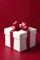 Obraz premium Luxury white gift box, rich burgundy background, flatlay, overhead, present