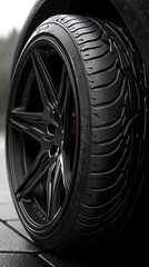 Modern black car wheel with a new tire