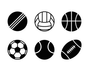 Collection of six different sports balls silhouette isolated on white background