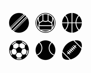 Fototapeta premium Collection of six different sports balls in silhouette isolated on white background