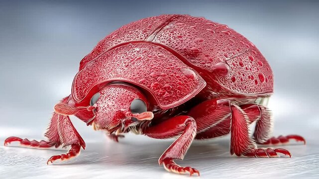 Macro closeup of a red beetle, an insect on a wooden table, showcasing its isolated detail in nature