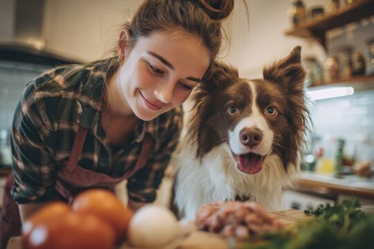 Joyful Cooking Experience: Young Woman Prepares Fresh Meals with Her Dog in a Cozy Kitchen