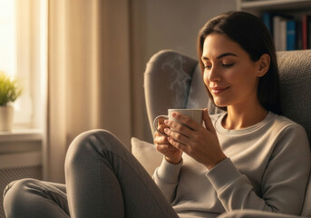 Woman Relaxing In Armchair With Warm Drink, Soft Natural Light, Cozy Home Atmosphere