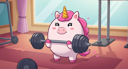 A cute and strong unicorn muscle cartoon character is lifting a barbell in a home gym. Funny fitness illustration.