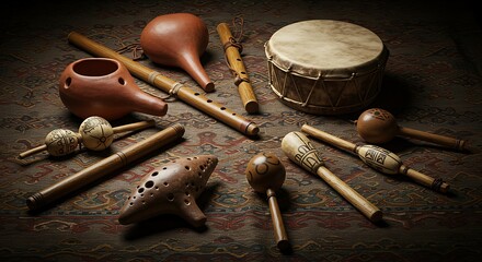 An assortment of handcrafted, ethnic musical instruments including flutes, drums, rattles, and ocarinas arranged on a patterned surface.