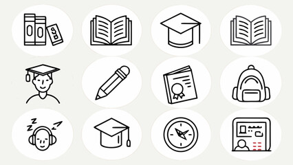 Education Vector Icon Set – Clean and minimal outline icons of books, graduation, school, online learning, students, teachers, and knowledge tools for academic and e-learning themes.

