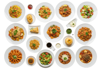 A vibrant display of assorted gourmet dishes arranged in a circular layout, featuring pasta, salads, and desserts on a white background, perfect for culinary promotions