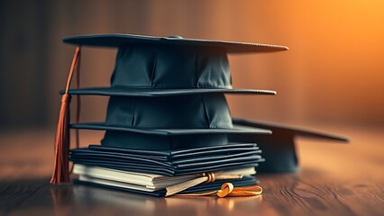 A neat stack of graduation caps on a wooden surface, radiating a sense of achievement and celebration.