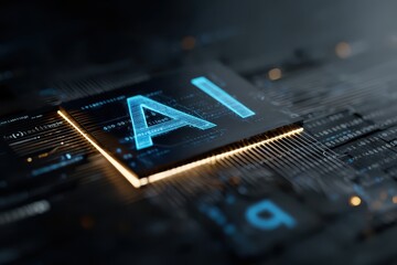 Futuristic chip design featuring AI text glowing in technological ambiance