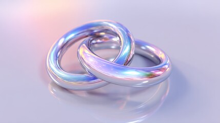 Two linked rings, iridescent, smooth surface, pastel background