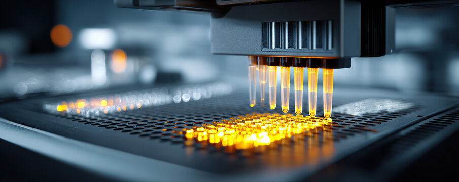 Advanced liquid handling system in a modern laboratory conducting automated experiments with precision tools