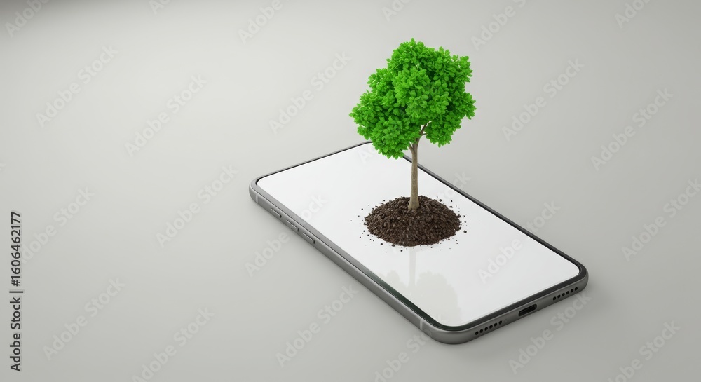 Fototapete Virtual Tree Planting Flat editorial layout of a tree icon growing from a smartphone, empty space for environmental text.