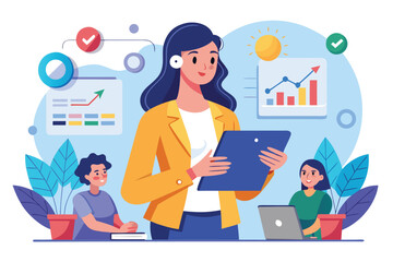 Female leader presenting a vision strategy to a team during a collaborative meeting in a modern office environment